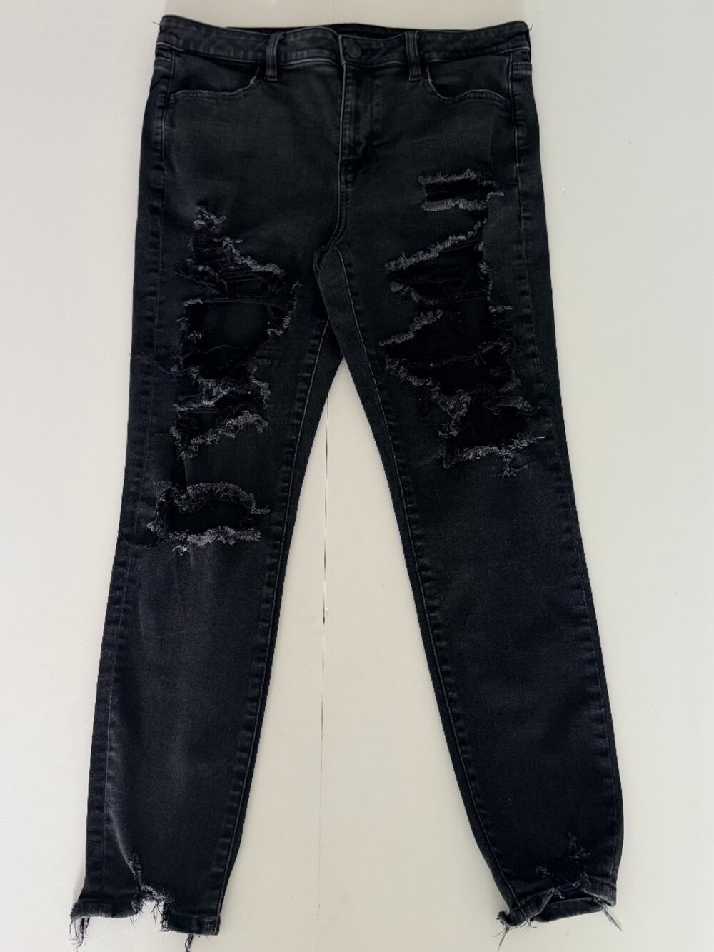 Wms American Eagle Stretch Distressed Jegging Jeans Black Sz 14 Goth Biker Y2K